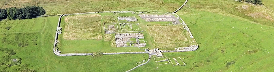 An aerial photograph of the fort of Housesteads on Hadrian's Wall, looking slightly north.